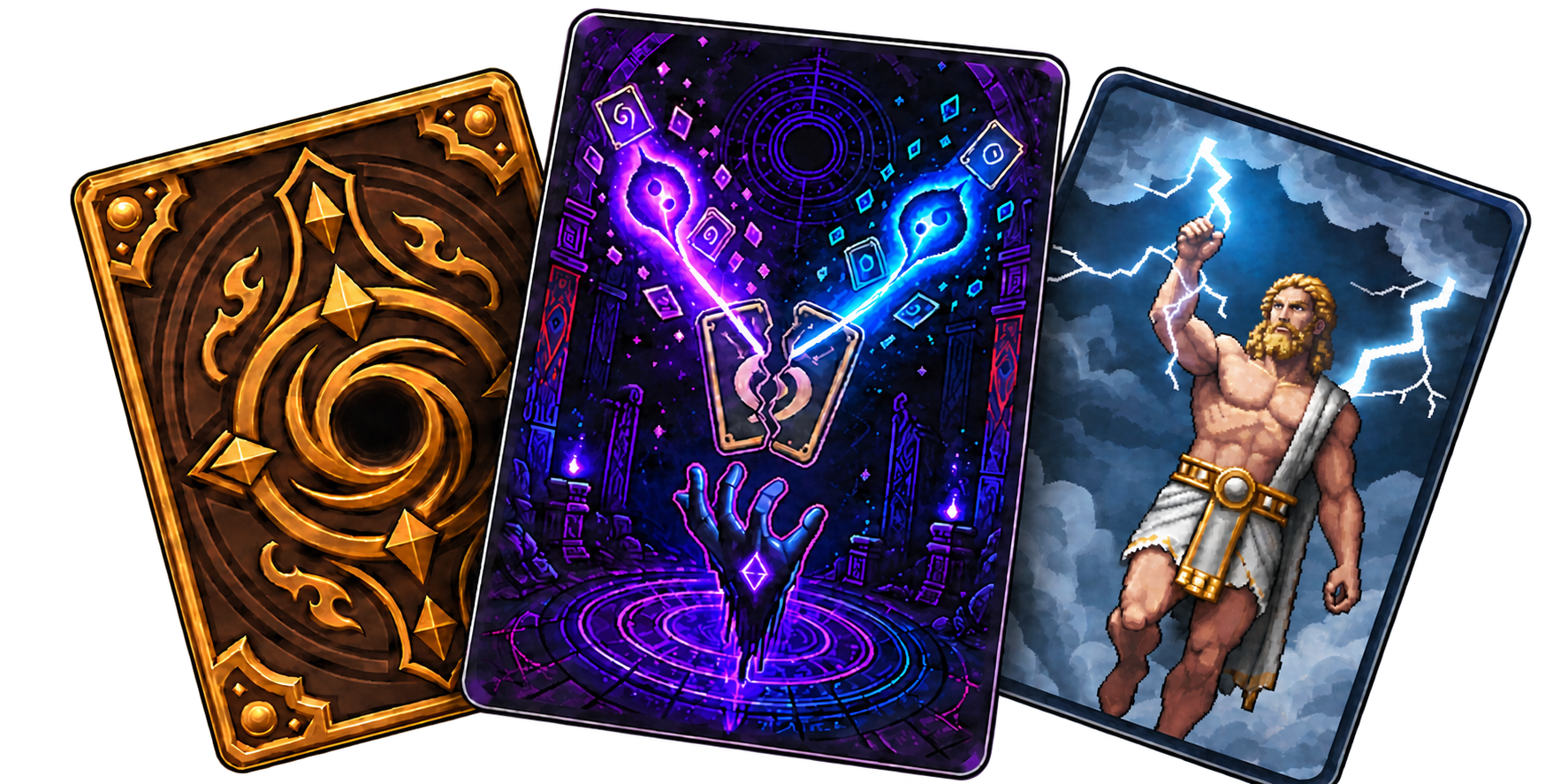 Three Logos Construct cards: an ornate gold card back, violet and blue Emergence artwork, and Zeus holding lightning.